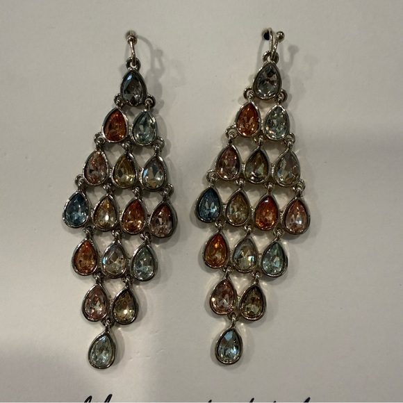 LOFT Rainbow Crystal Teardrop Chandelier Earrings NWT - Picture 2 of 4